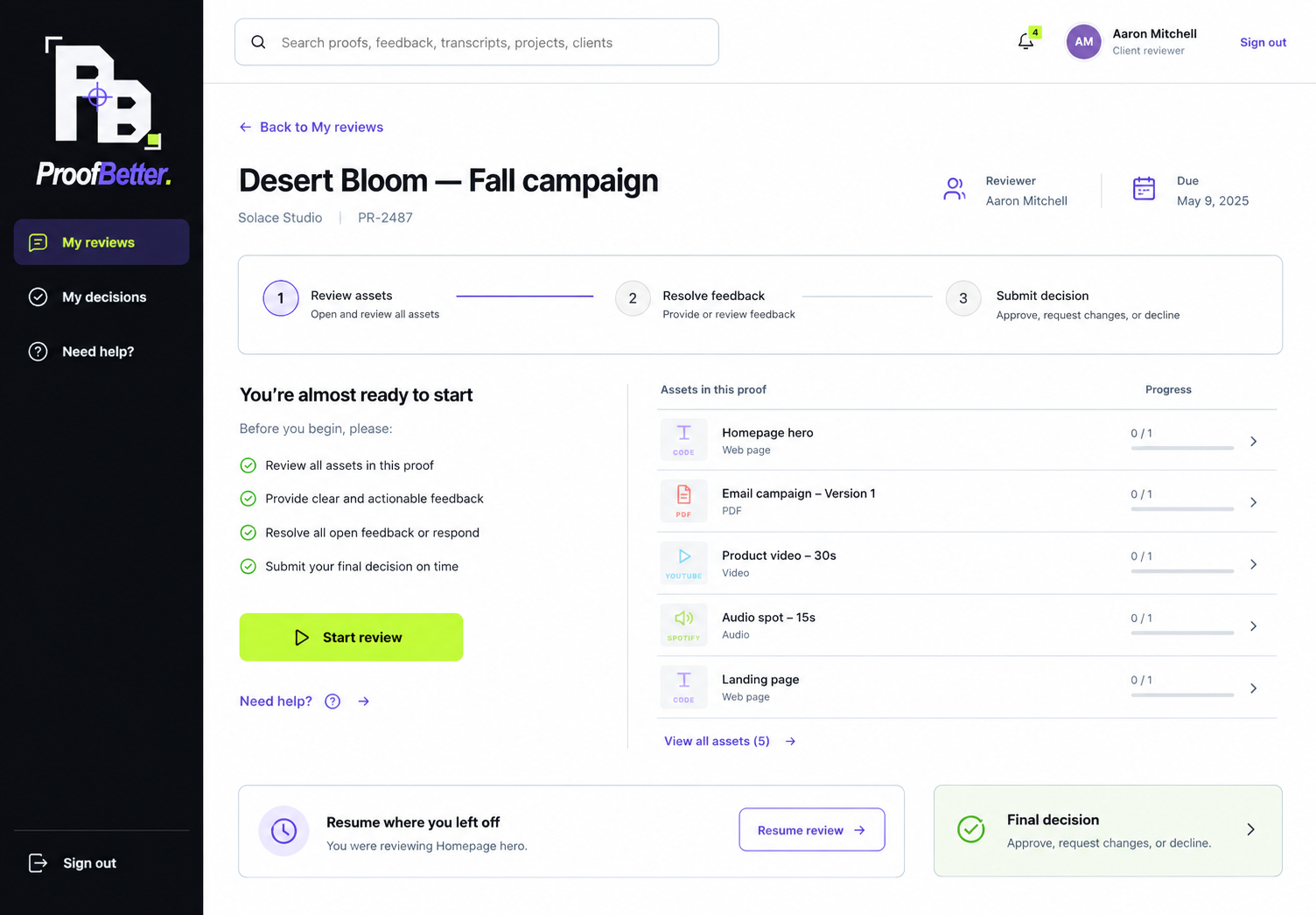ProofBetter Guided Review client experience