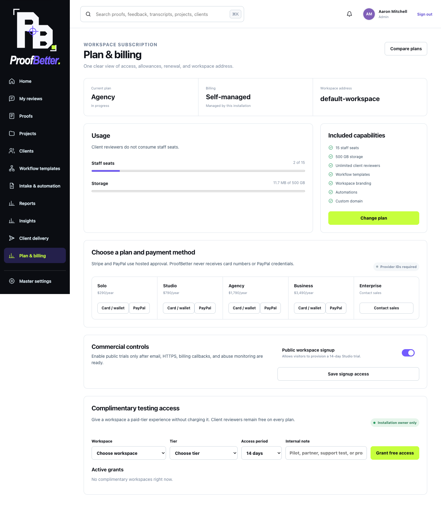 ProofBetter Plan and billing screen