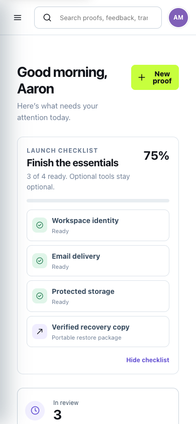 ProofBetter dashboard on a mobile viewport