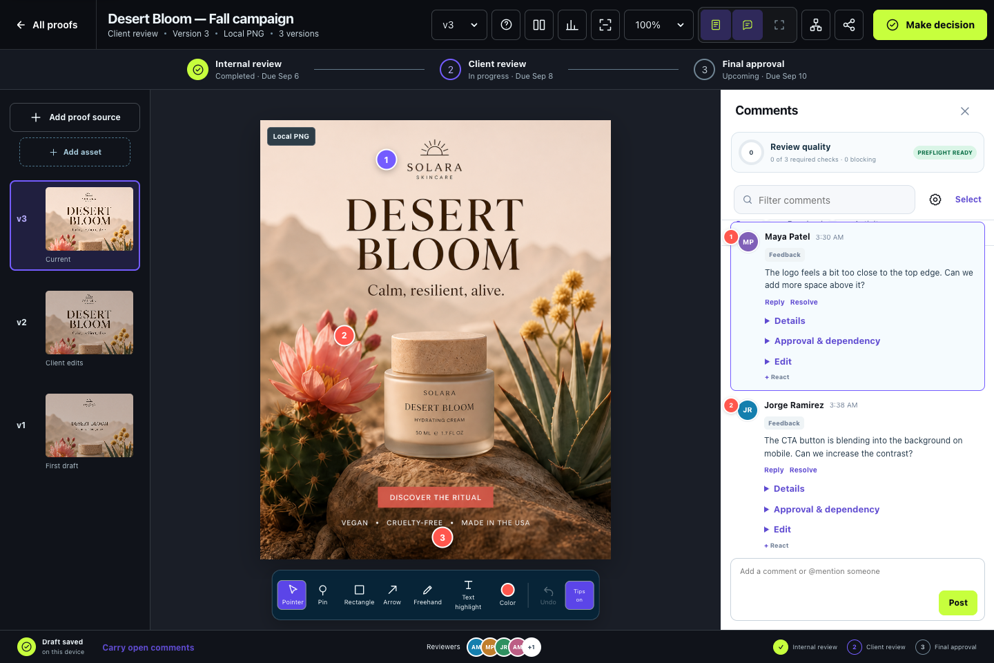 ProofBetter image review workspace with versions, annotation toolbar, and comments