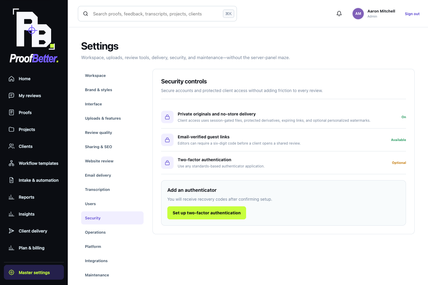 ProofBetter security settings screen