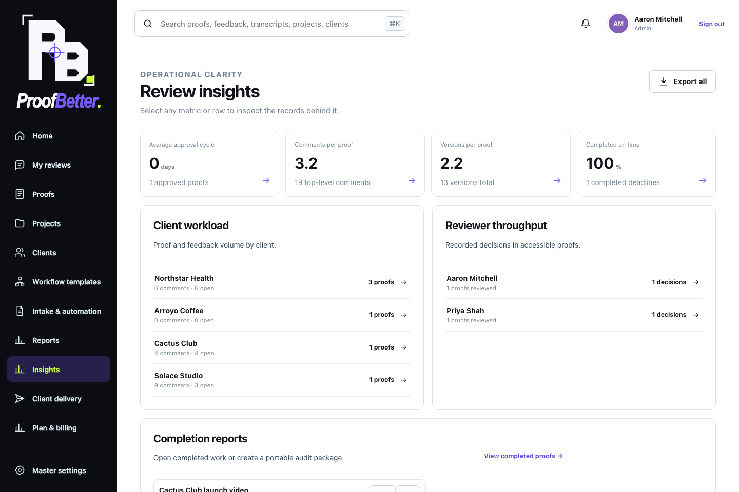 ProofBetter drillable Insights screen