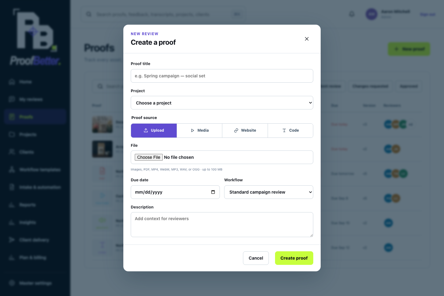 Proof source picker in the New proof dialog