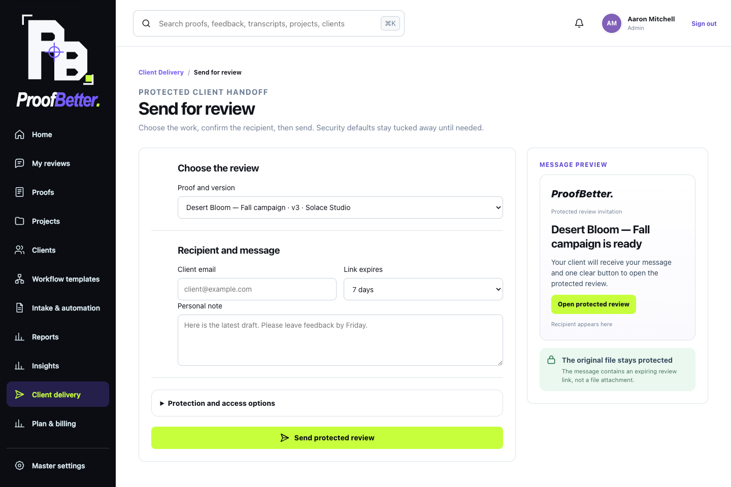 ProofBetter Send for review form